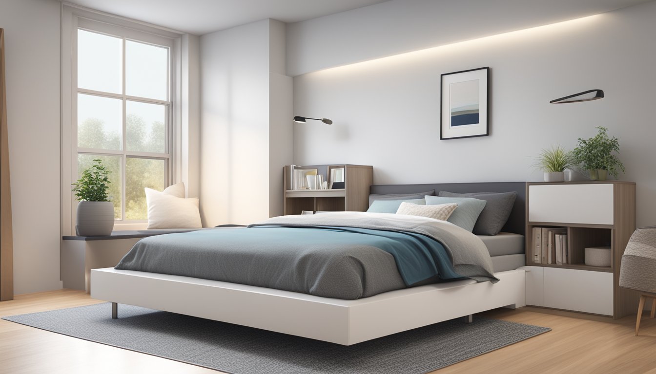 A platform bed with built-in storage sits against a wall, neatly organizing blankets and pillows. The sleek design and clean lines give the room a modern and organized feel