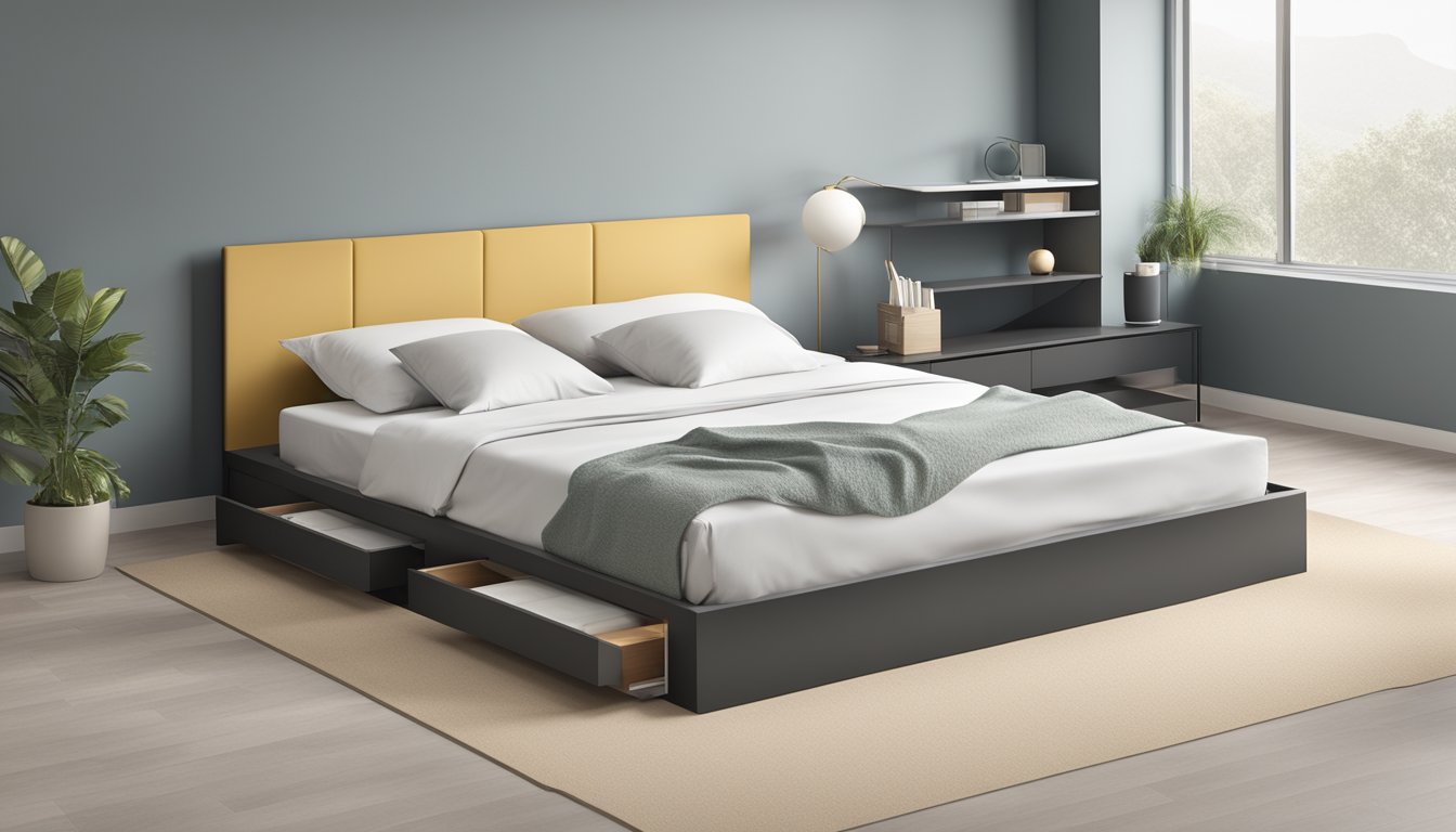 A modern, minimalist platform bed with sleek storage compartments underneath, set against a clean, neutral backdrop