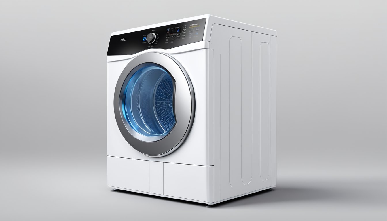 The Midea dryer sits against a clean, white background, with its sleek design and digital display prominently featured. The logo is visible, and the various control buttons and settings are clearly labeled