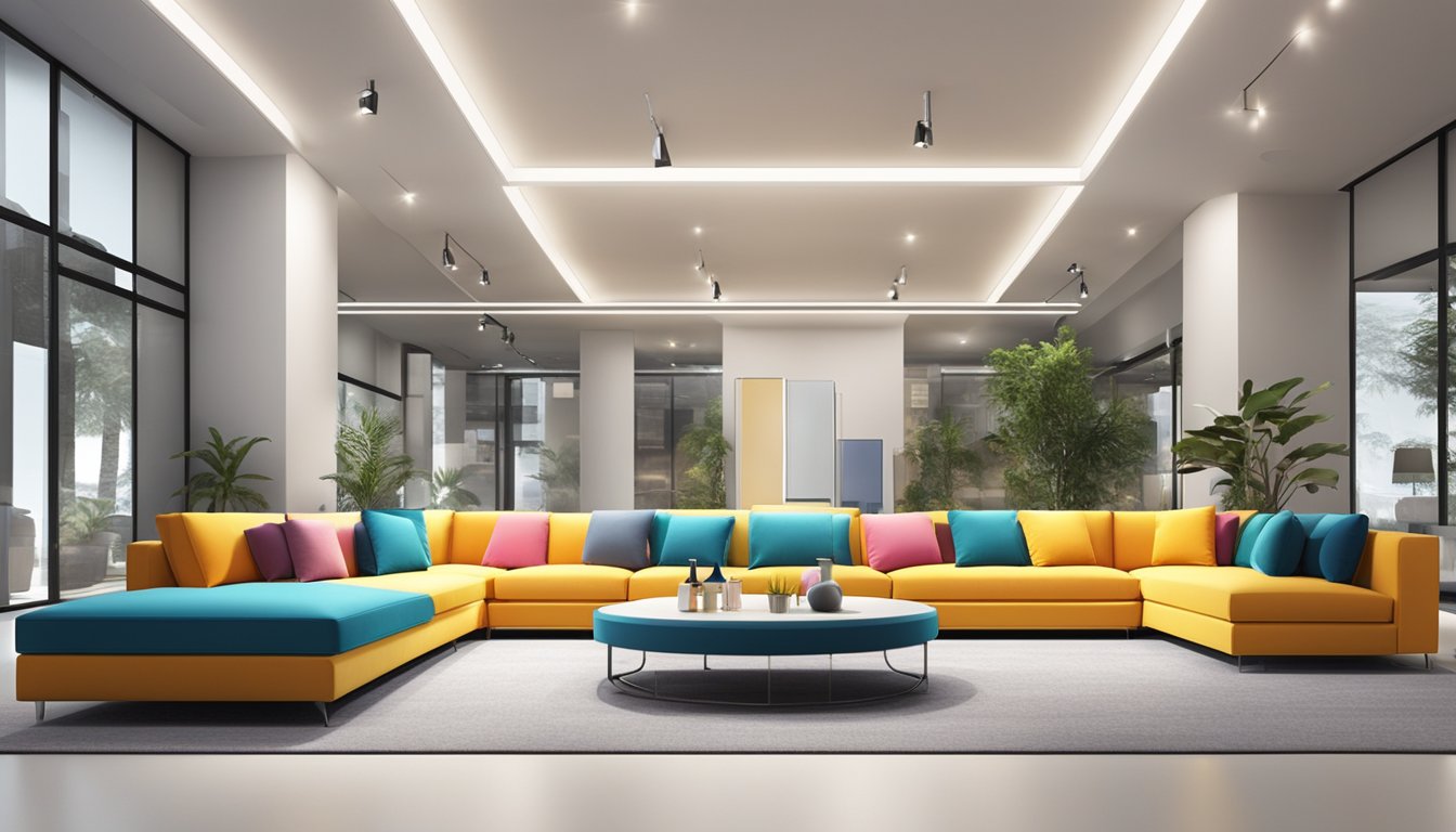 A brightly lit showroom displays rows of modern sofas in various colors and styles, with clear signage and comfortable seating arrangements for customers to explore