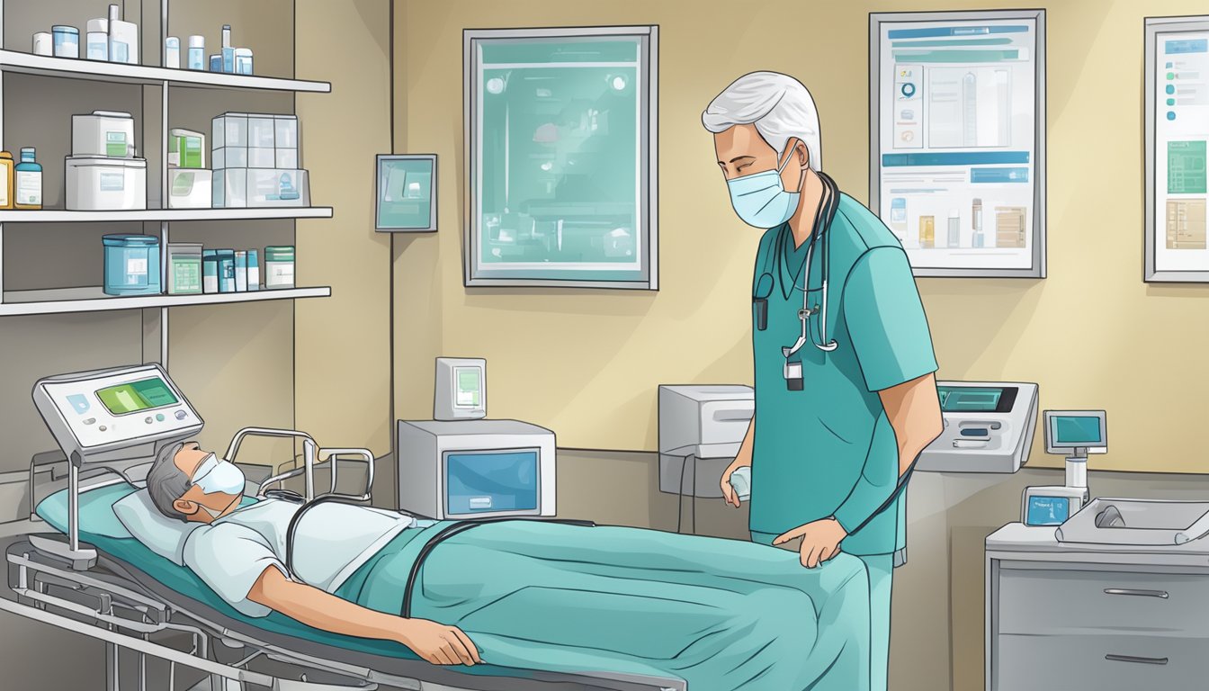 A patient receiving medication and monitoring equipment in a hospital room after a heart attack