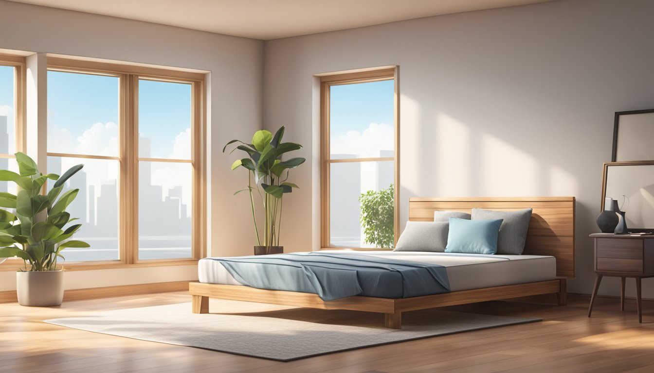 A mattress lying on a wooden bed frame in a simple, uncluttered room with natural light filtering in through a window