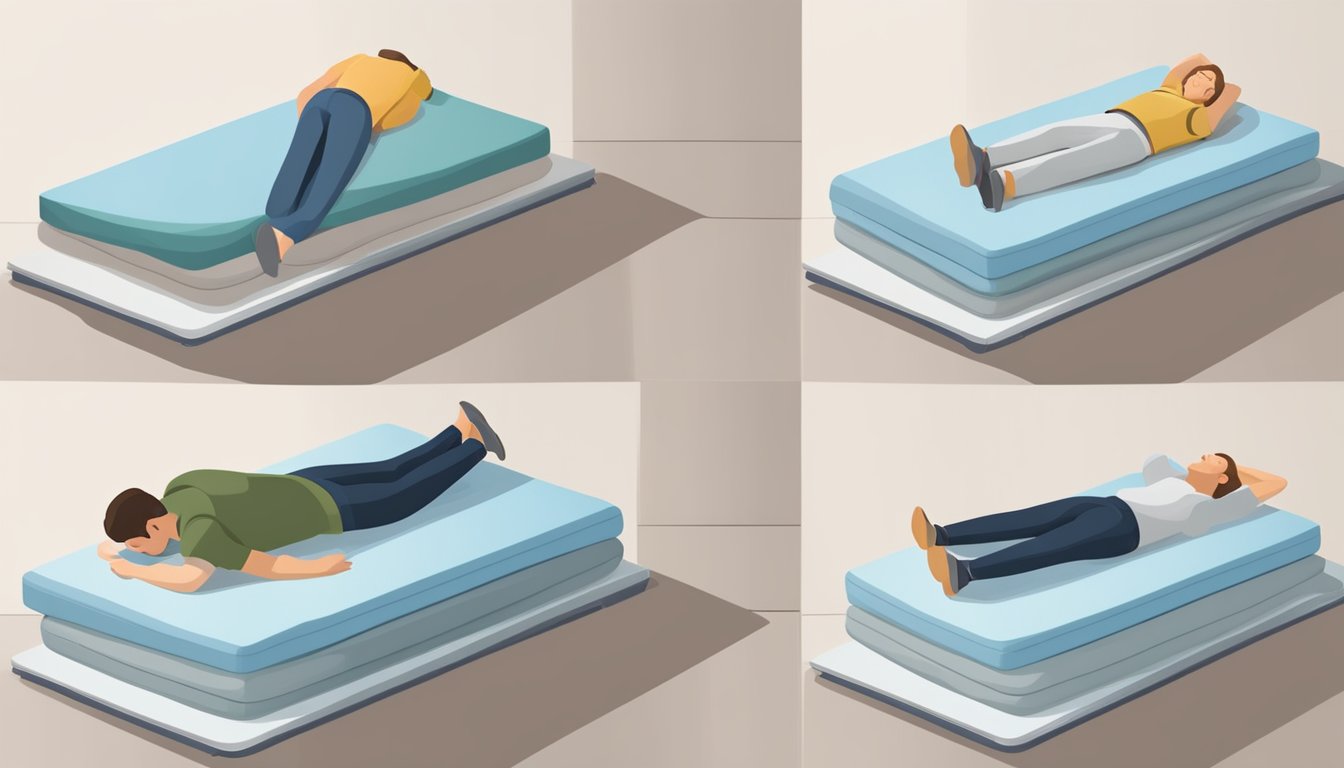 A customer lays on different mattresses, testing for comfort and support. Displayed mattresses vary in size, firmness, and material