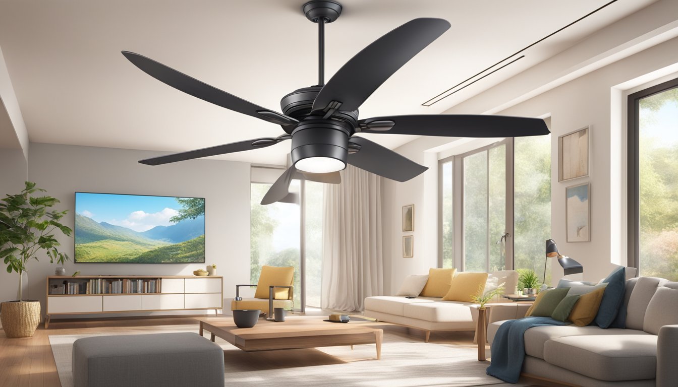 A hand reaches out to adjust the speed of Acorn's remote-controlled ceiling fan. The fan blades spin gracefully, creating a gentle breeze in the room