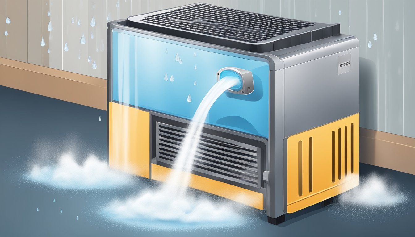 A dehumidifier removes moisture from the air, showing water droplets being pulled into the machine and clean, dry air being released