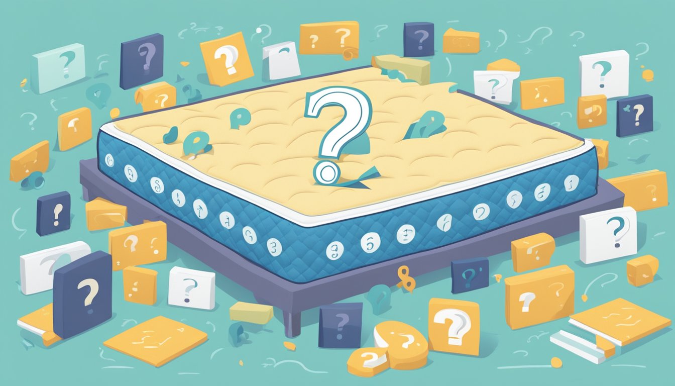 A mattress surrounded by question marks and a "Frequently Asked Questions" sign