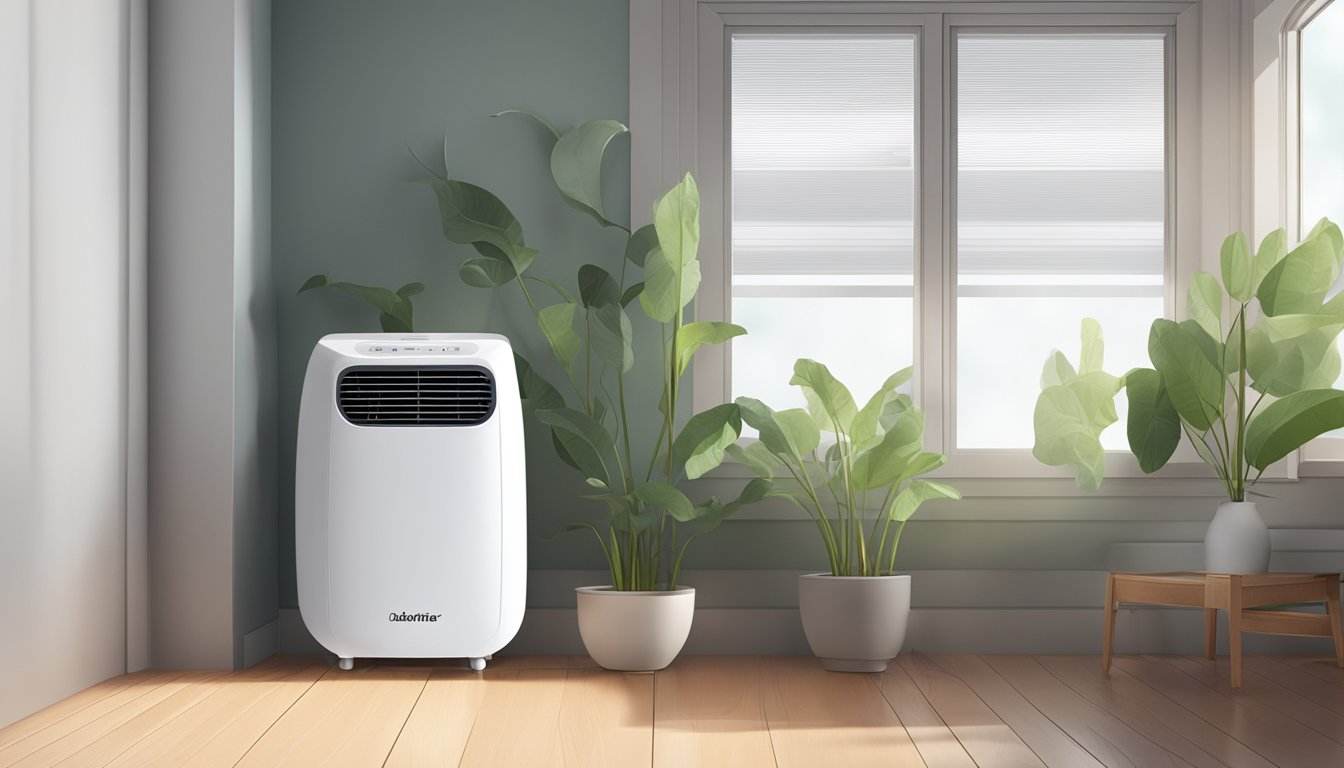 A dehumidifier removes moisture from the air, reducing humidity levels in a room. It sits in a corner, quietly humming as it works, with a small digital display showing the current humidity level