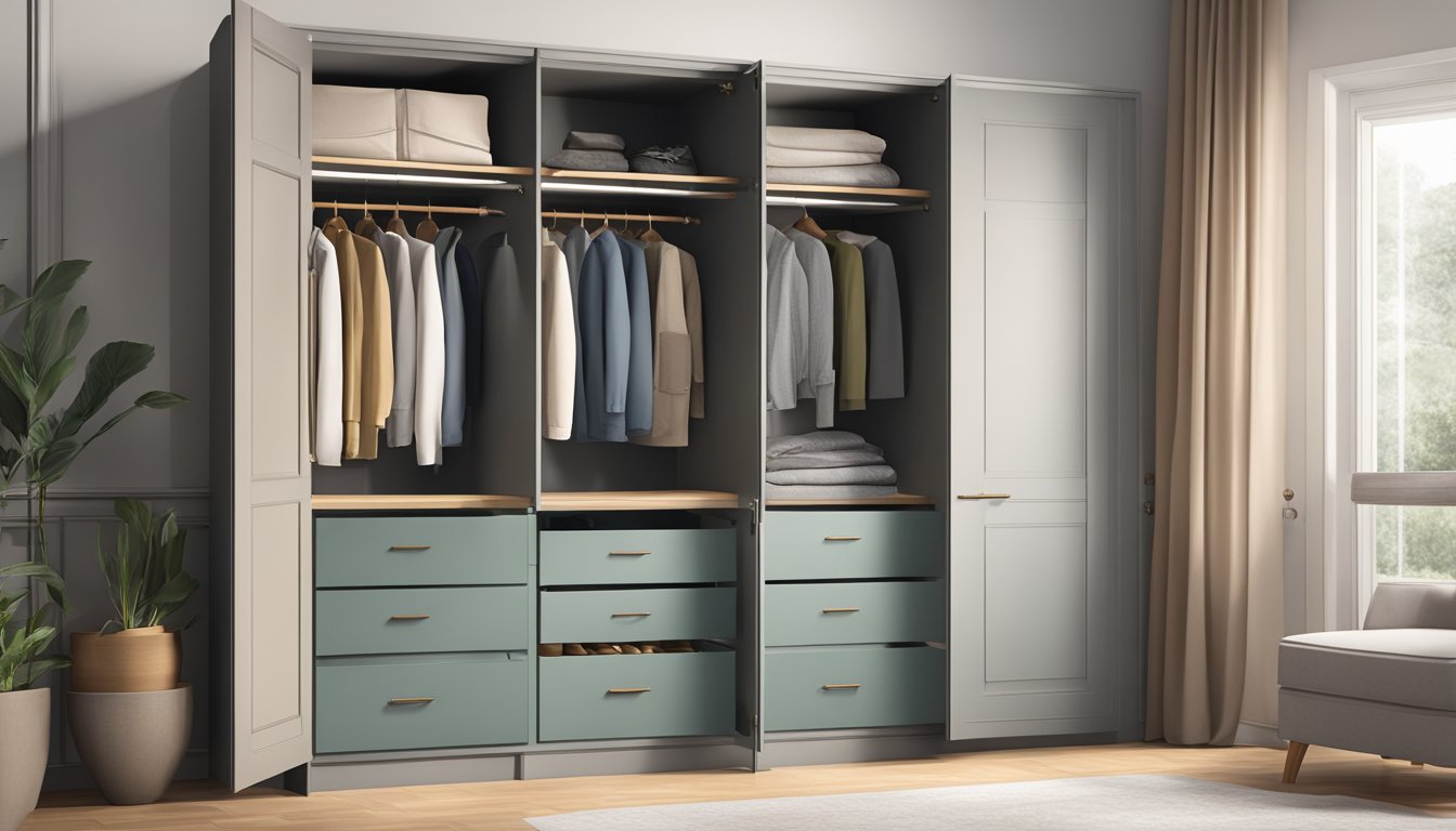 A casement wardrobe stands against a wall, its doors slightly ajar, revealing neatly arranged clothing and accessories inside