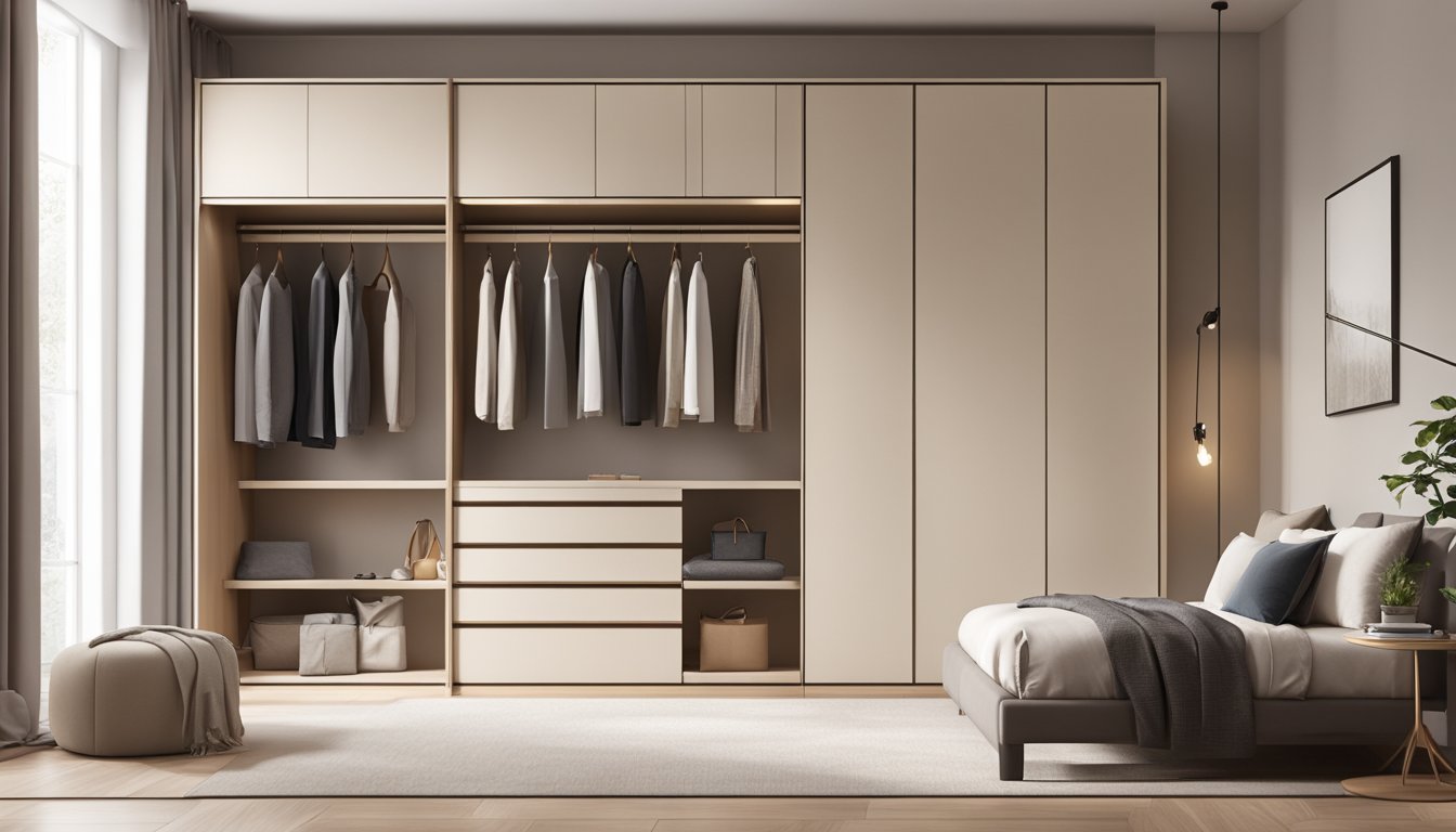 A spacious room with a sleek, modern casement wardrobe against a neutral-colored wall, with soft lighting highlighting the clean lines and elegant design