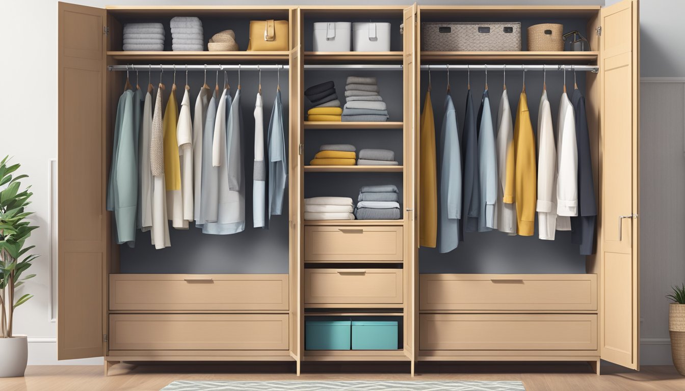 A casement wardrobe with open doors and shelves displaying neatly organized items