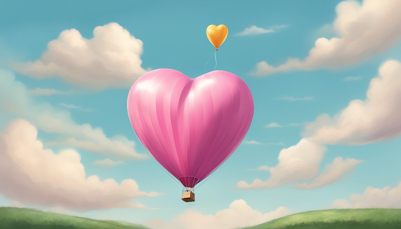 A heart-shaped balloon floats in the air, suddenly jerking as if skipping a beat when a gust of wind blows past