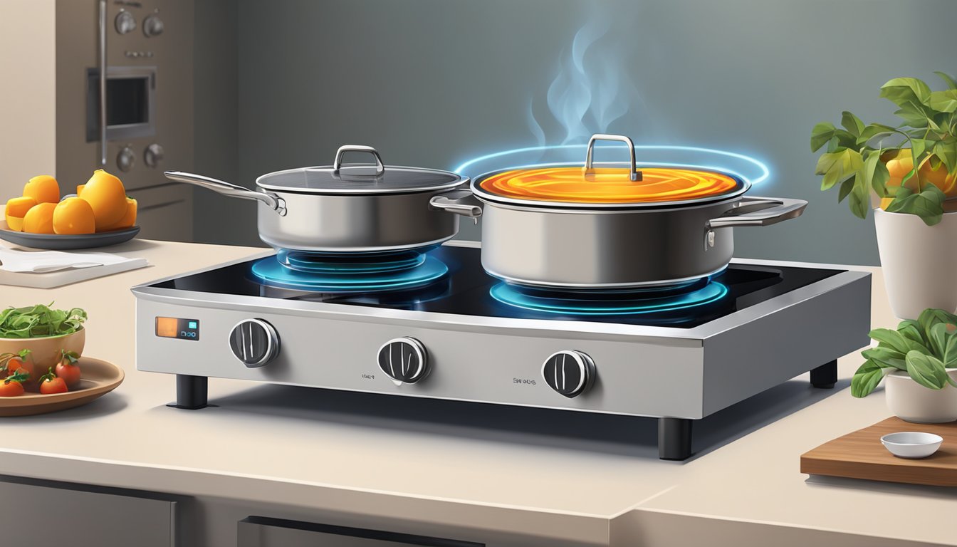 An induction stove sits sleek and modern on a countertop, while a gas stove with its glowing flames stands next to it