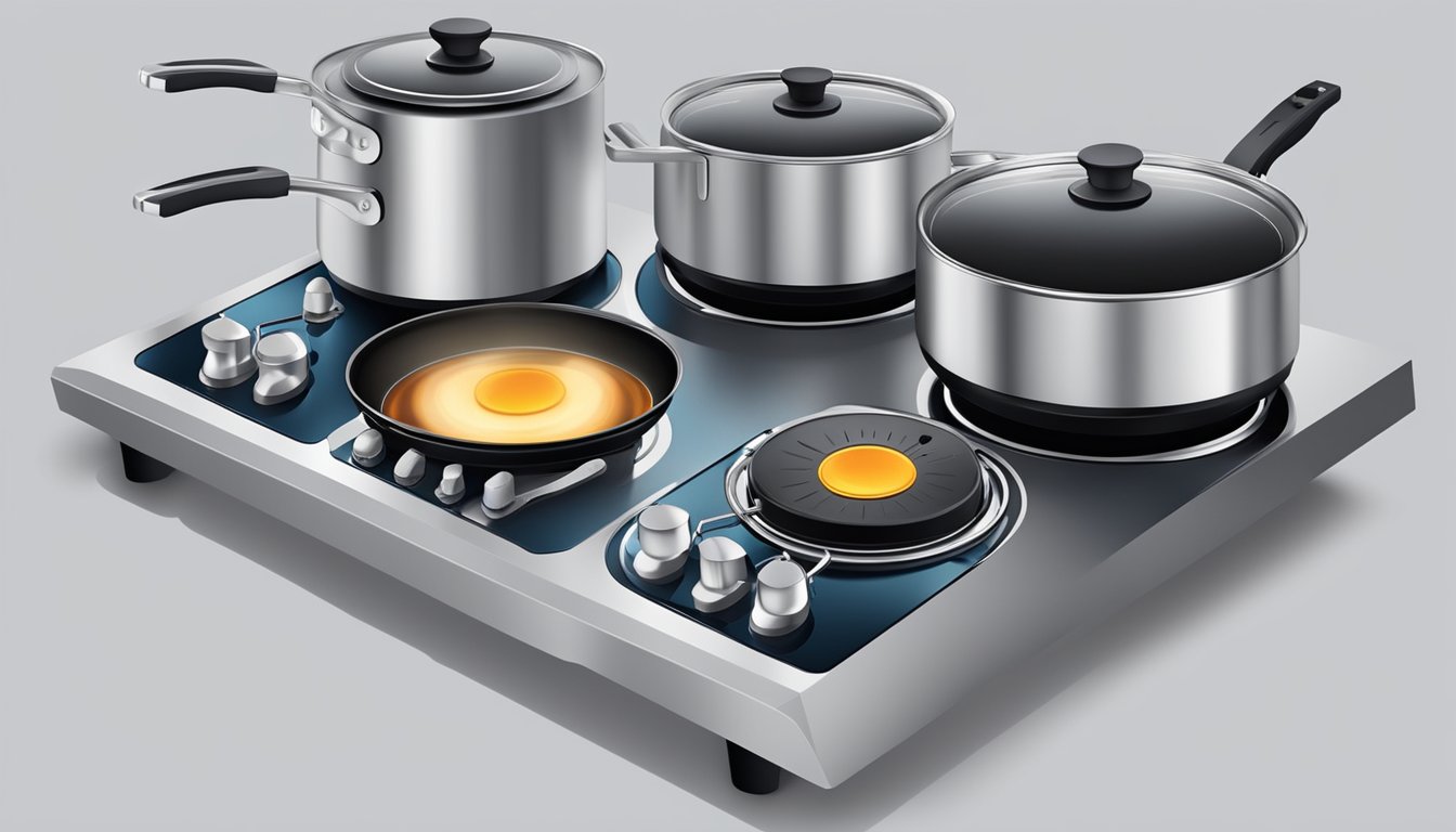 An induction stove and a gas stove side by side, with pots and pans on each, emitting heat and cooking food