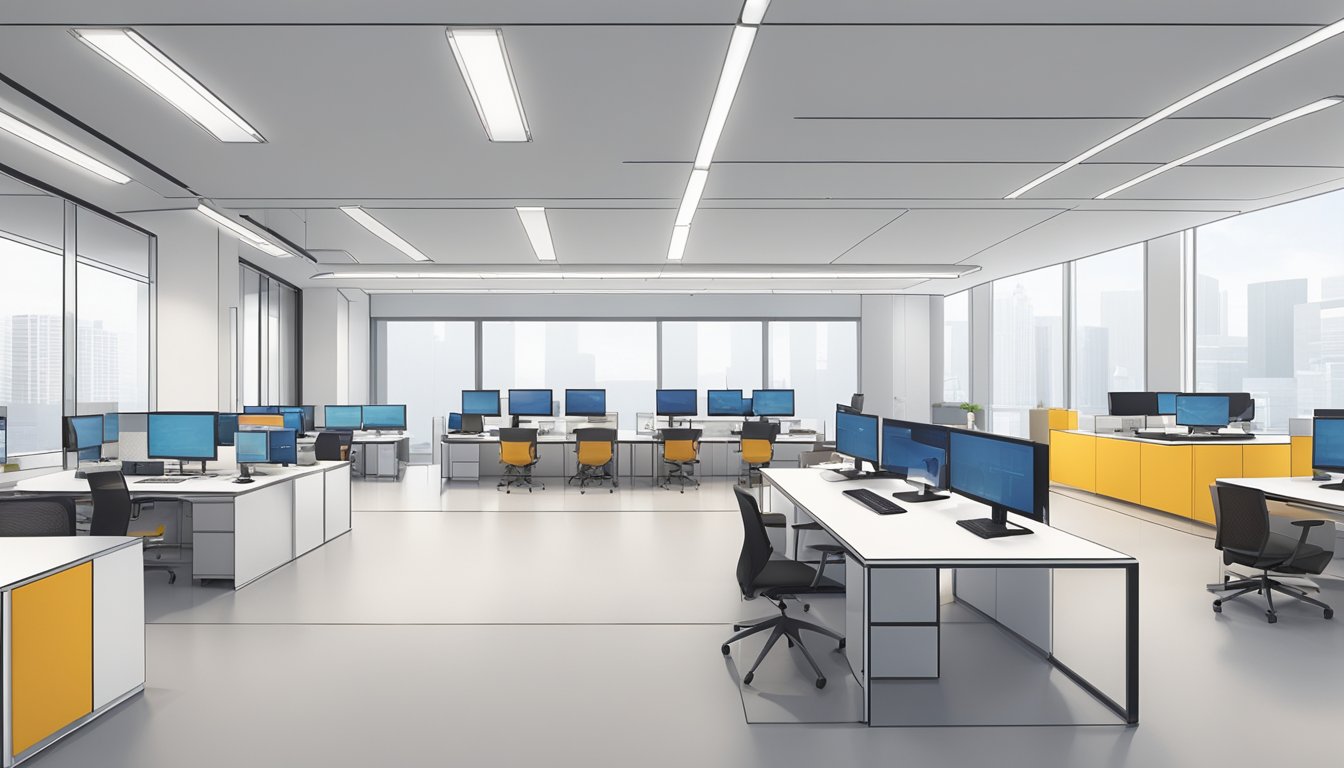 The interior lab of PTE Ltd is a modern, sleek space with clean lines and minimalist design. The room is filled with natural light, and there are various workstations and design materials neatly organized throughout the room