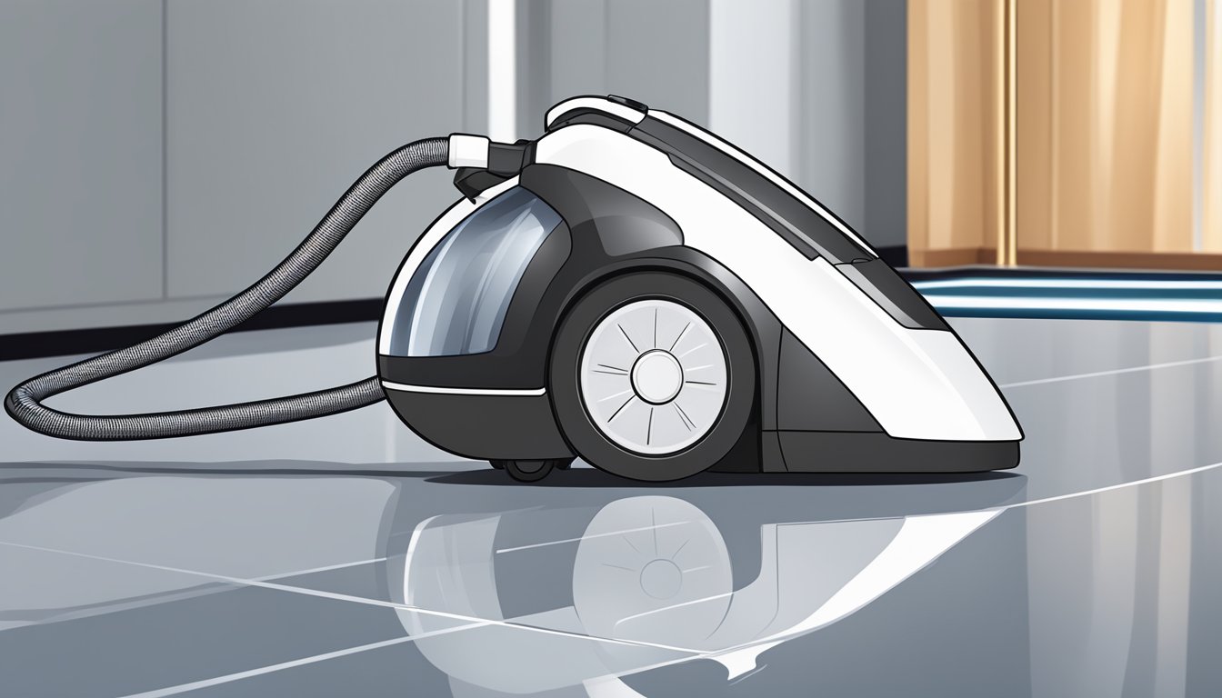 A handheld vacuum cleaner standing on a clean, modern floor with a sleek design and a power button clearly visible