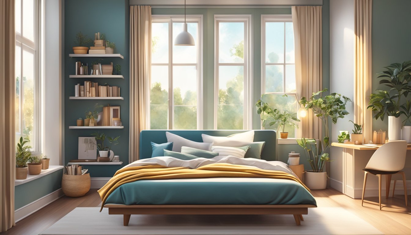 A cozy bedroom with a modern bed and soft bedding, surrounded by shelves of decorative items and a large window with natural light streaming in