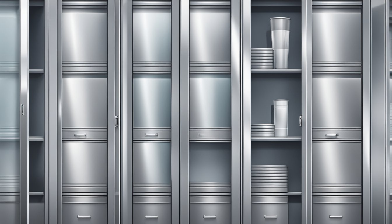 A steel cabinet stands tall, its metallic surface gleaming under the bright light. The doors are closed, and the shelves inside are neatly organized