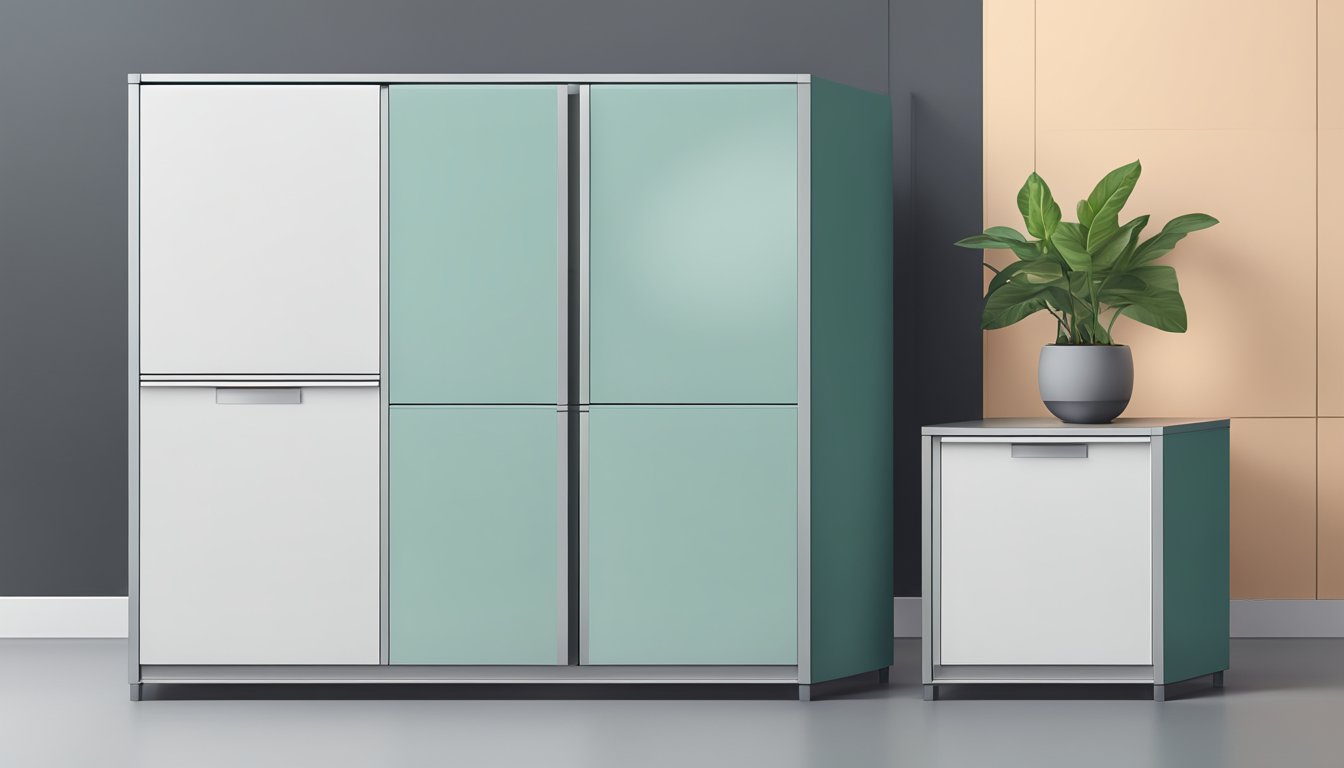 A steel cabinet with sleek lines and modern features, standing against a clean, minimalist backdrop