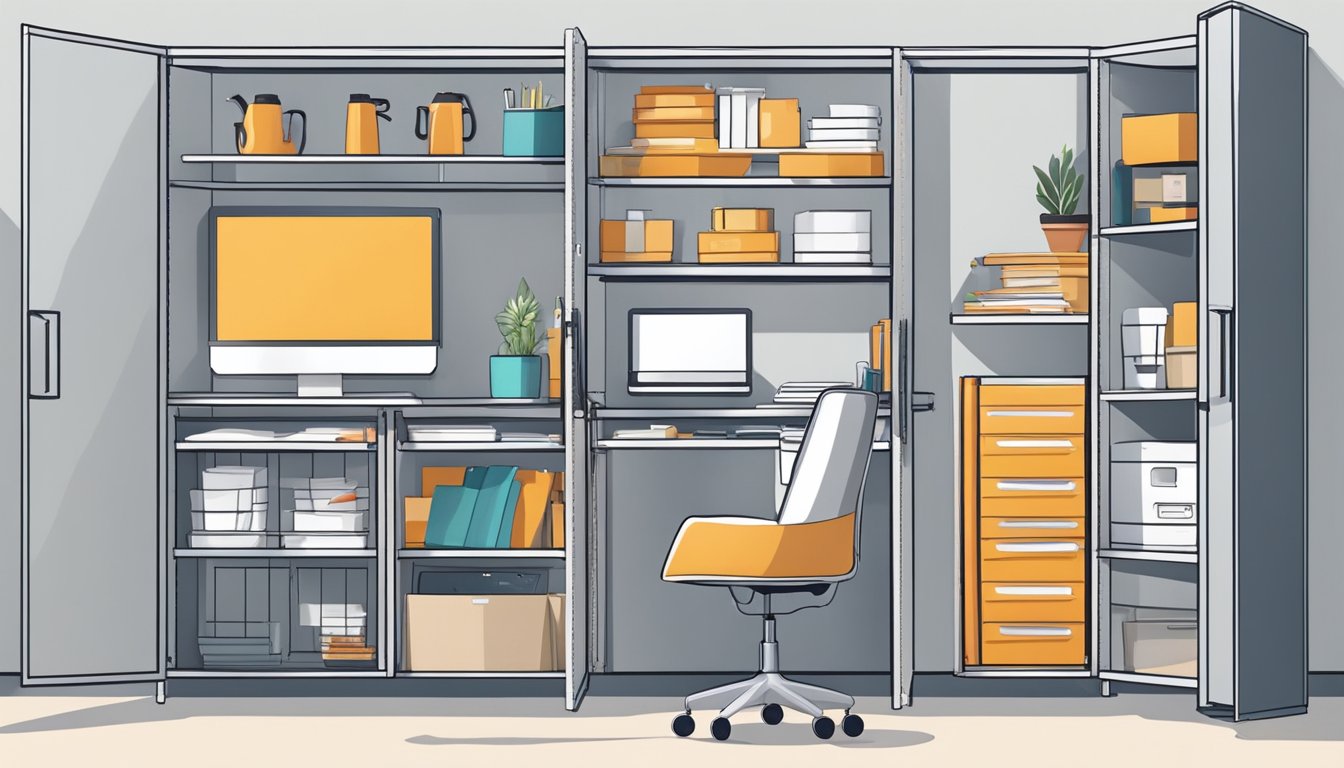 A person buys a steel cabinet from a store, then assembles and installs it in their home office. They organize and store their belongings inside the cabinet