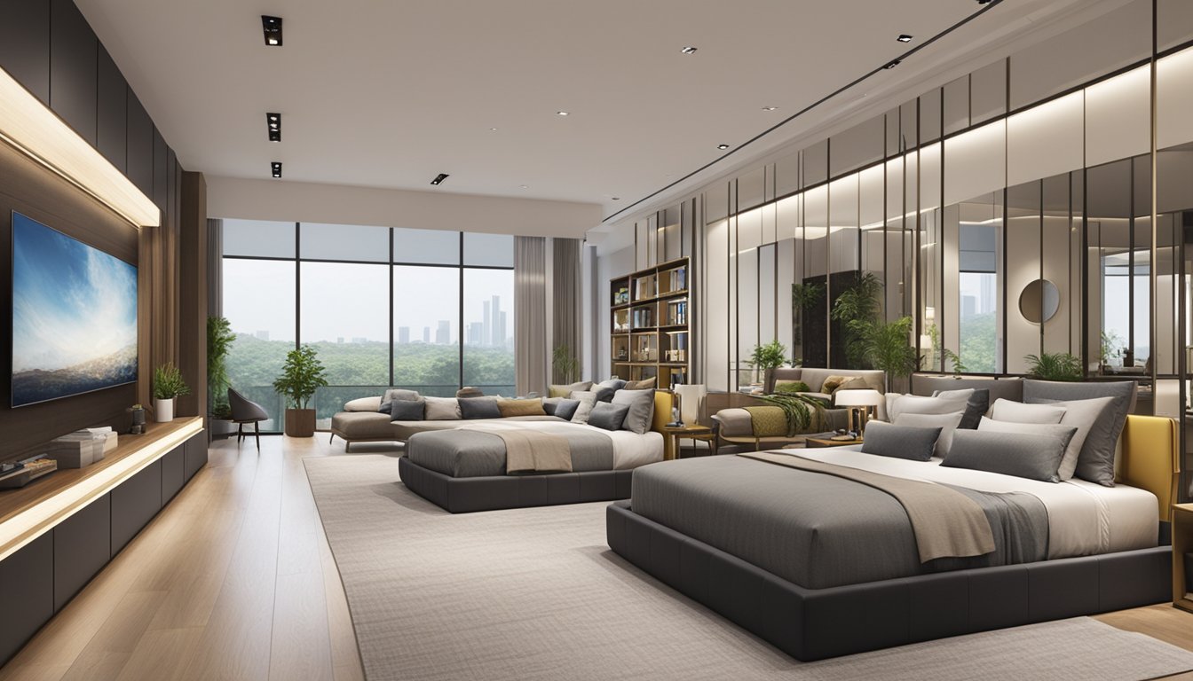 A spacious showroom in Singapore displays a variety of beds, from sleek modern designs to traditional styles, with a range of sizes and comfort levels