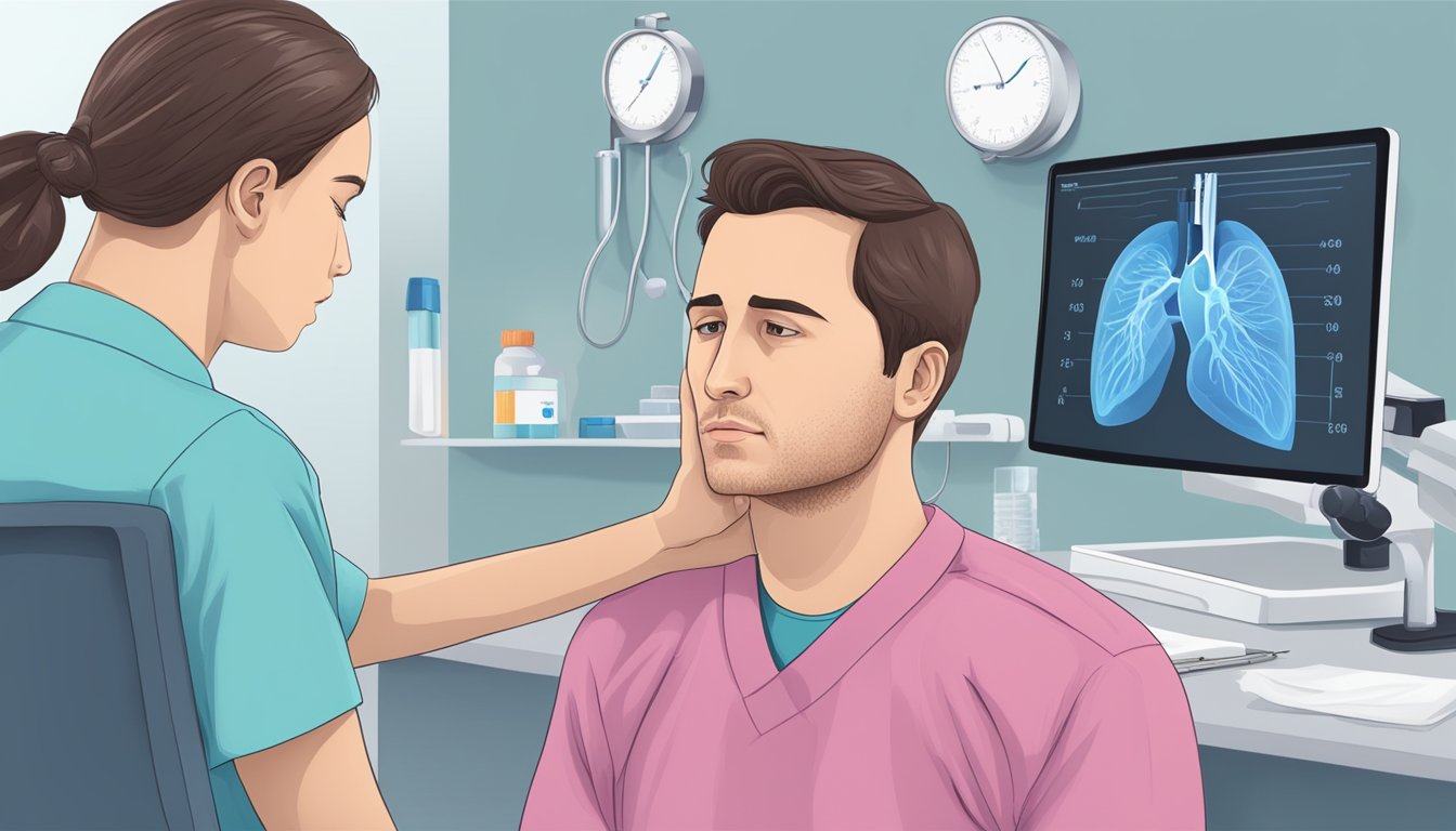 A person undergoes medical evaluation, showing signs of shivering and heart palpitations