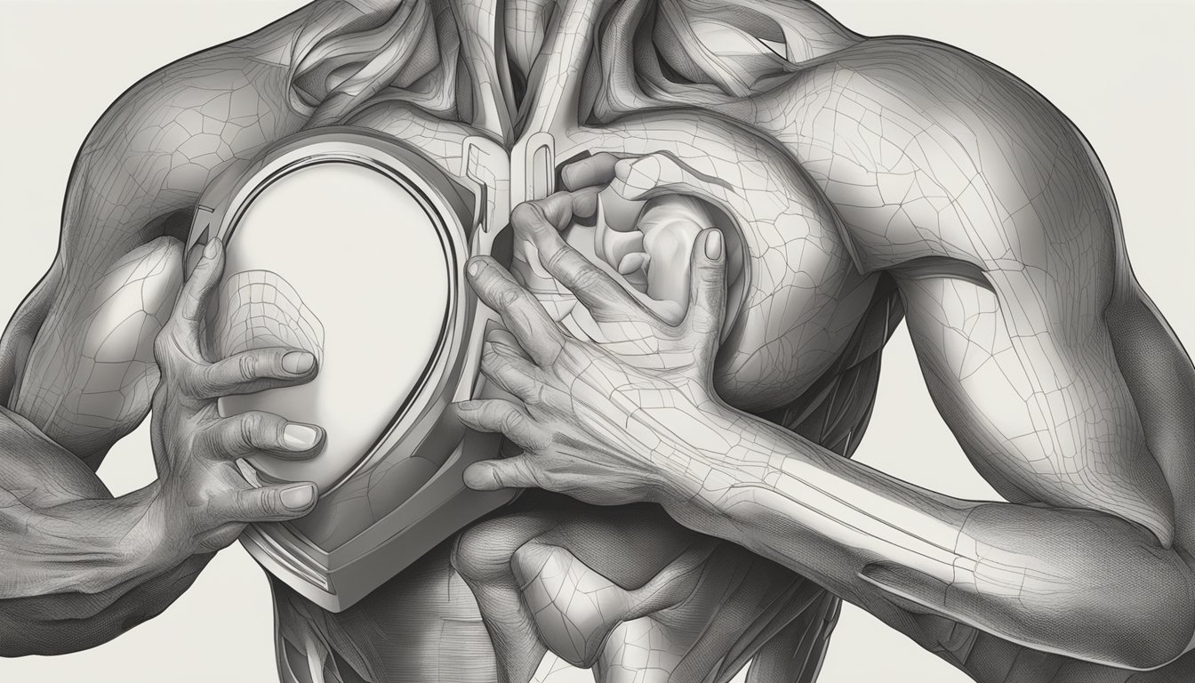 A figure clutching their chest, trembling, and showing a racing heart rate