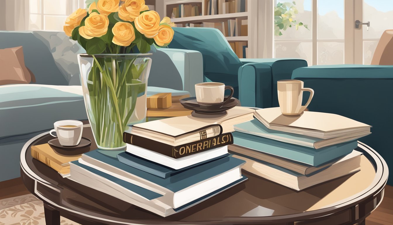 A coffee table in a living room, adorned with a stack of books, a vase of flowers, and a decorative tray