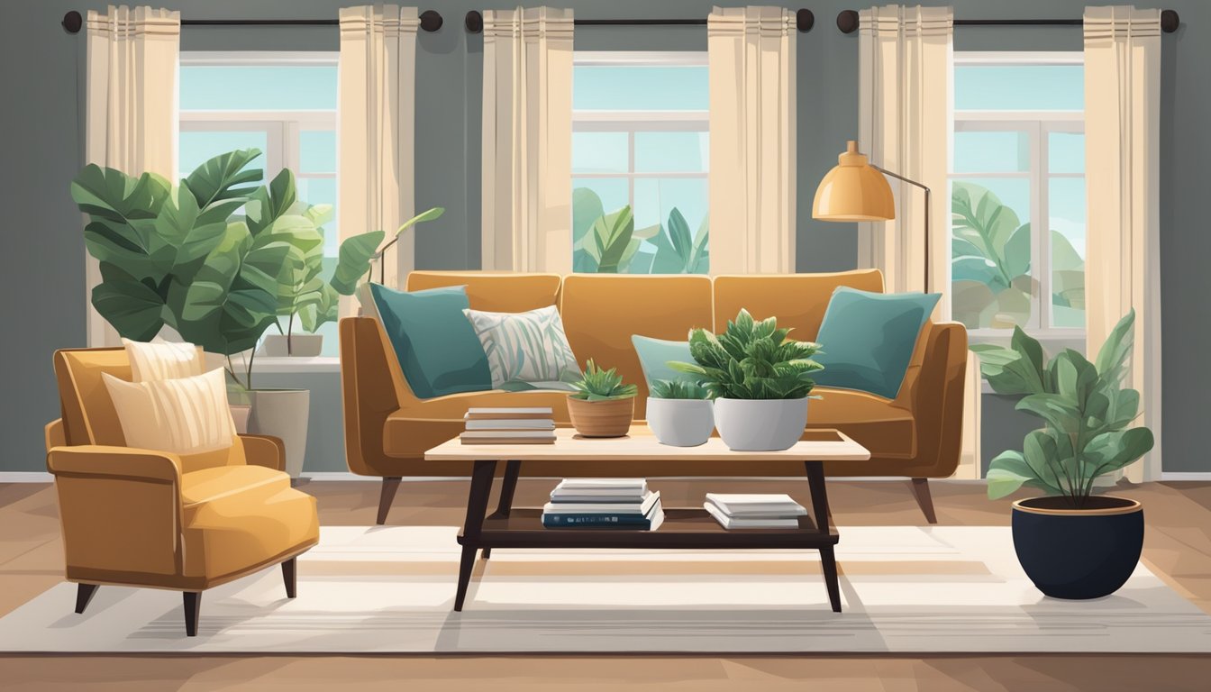 A cozy living room with a modern, rectangular coffee table, adorned with a stack of books, a potted plant, and a decorative tray