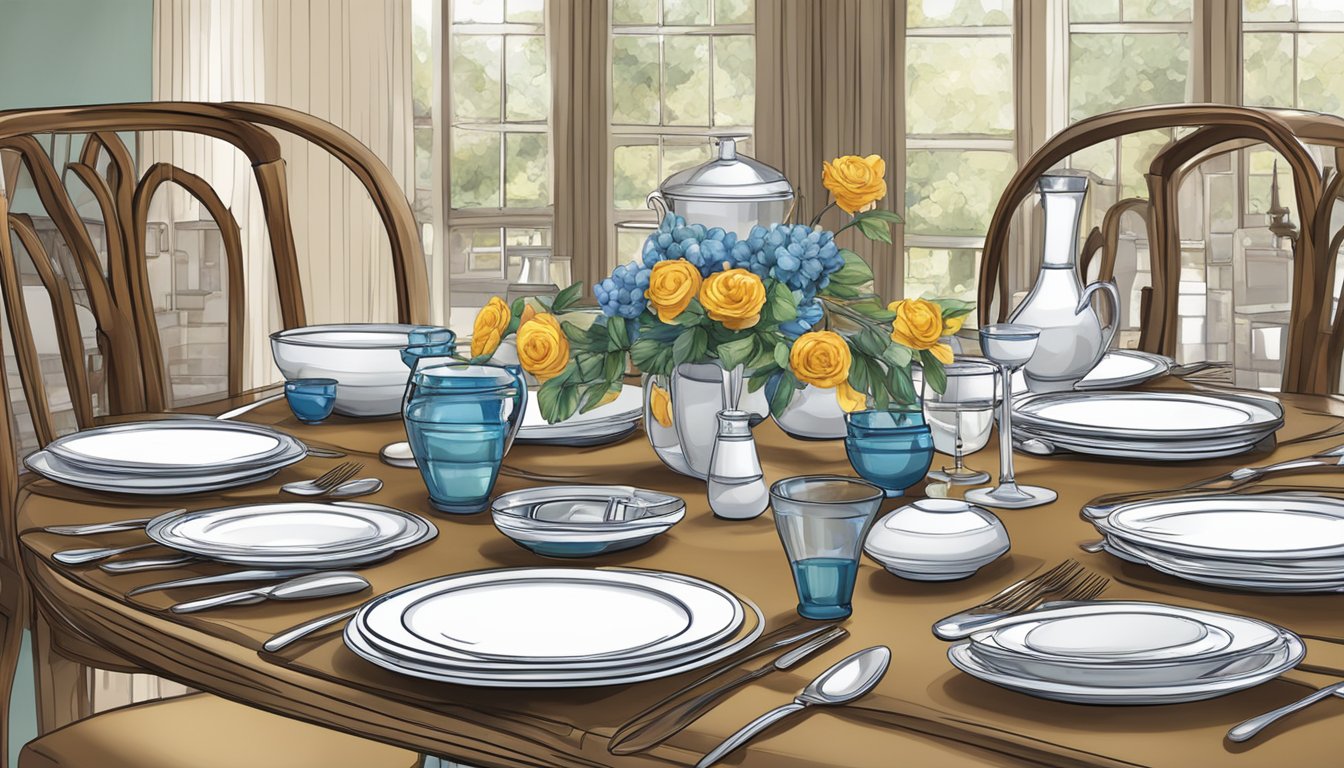 A dining table set with chairs, plates, and utensils
