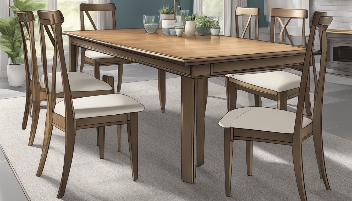 A dining table, set at standard height, with chairs around it. Clear view of the tabletop and legs