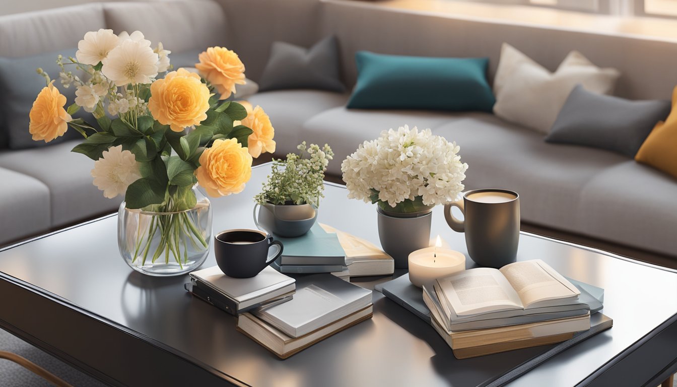 A vase of fresh flowers sits atop a sleek coffee table, surrounded by neatly arranged books and a decorative tray holding scented candles and a stack of coasters