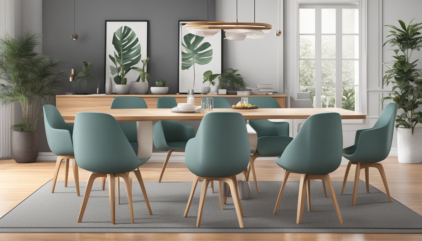 A modern dining table, sleek and sturdy, sits at a comfortable height with stylish chairs surrounding it