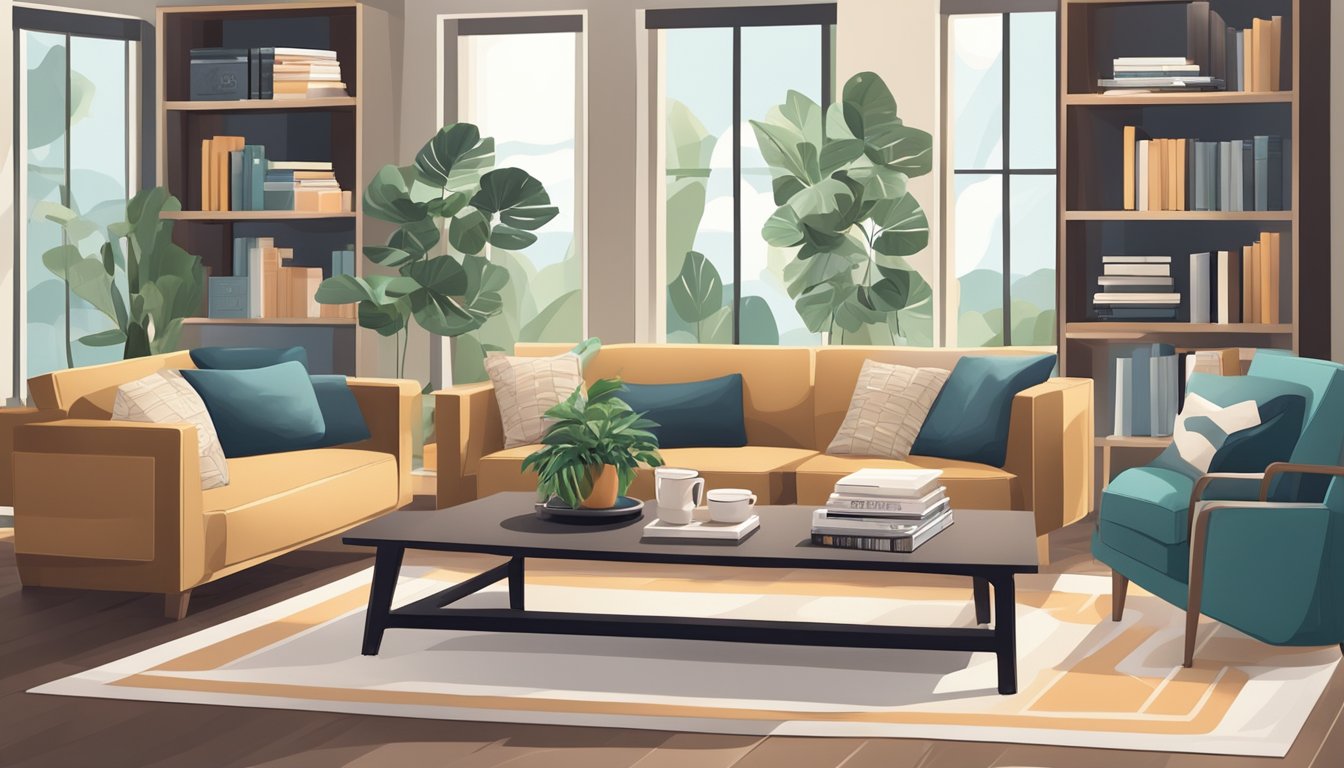 A living room with a modern coffee table surrounded by a sofa, armchairs, and bookshelves. A stack of magazines, a potted plant, and a decorative tray with coasters are placed on the table