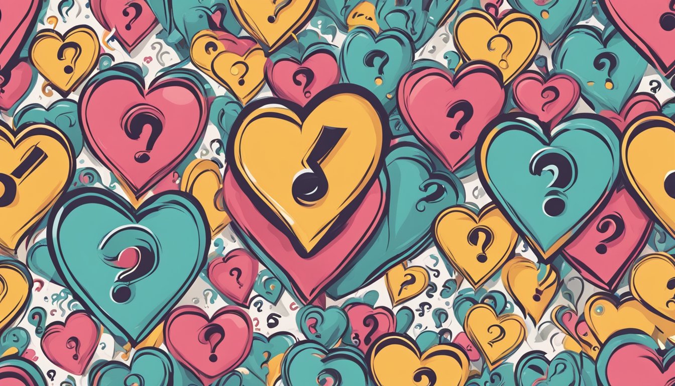 A heart surrounded by question marks, trembling with palpitations