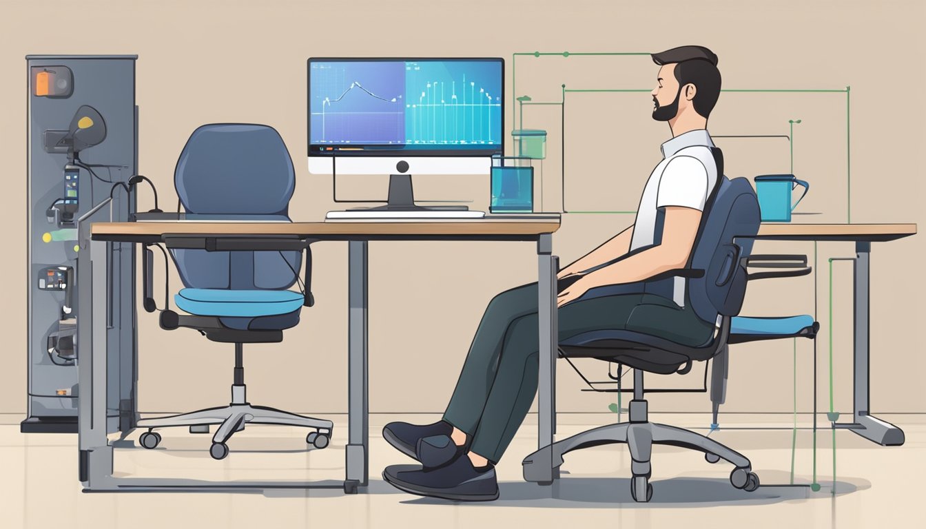 Illustrate two chairs, one empty and one with a person seated. A heart rate monitor displays higher readings for the seated individual compared to the empty chair