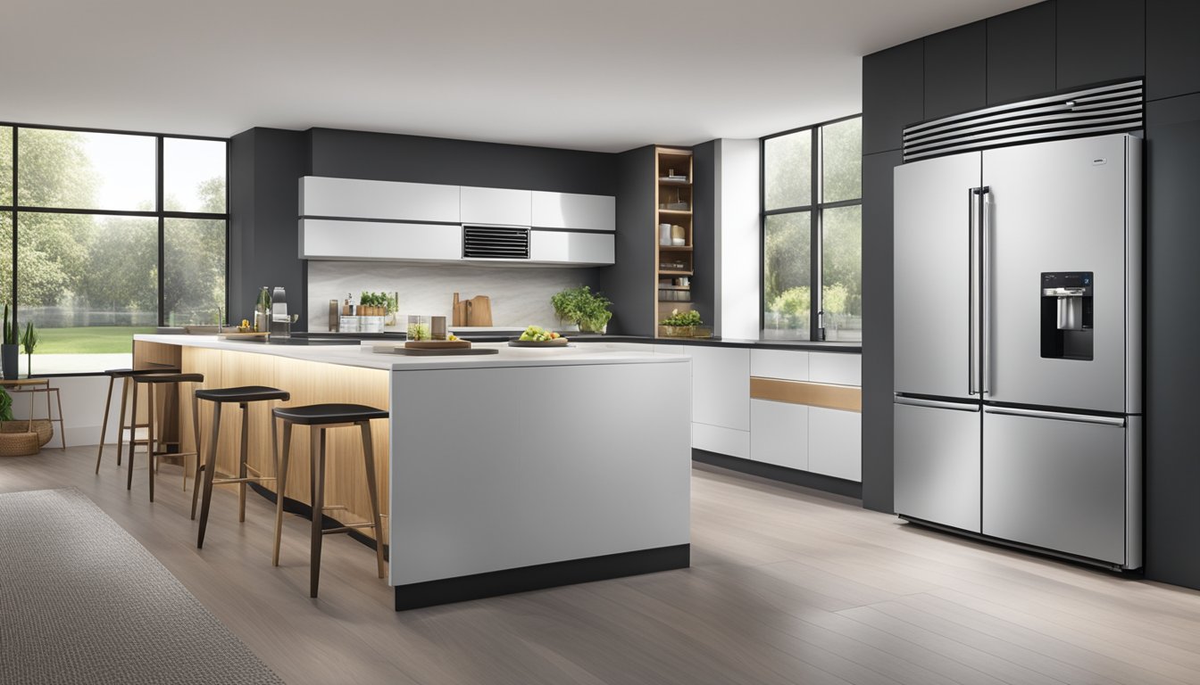 A modern kitchen with a sleek side by side fridge, showcasing innovative features like touch screen controls, adjustable shelving, and dual cooling systems