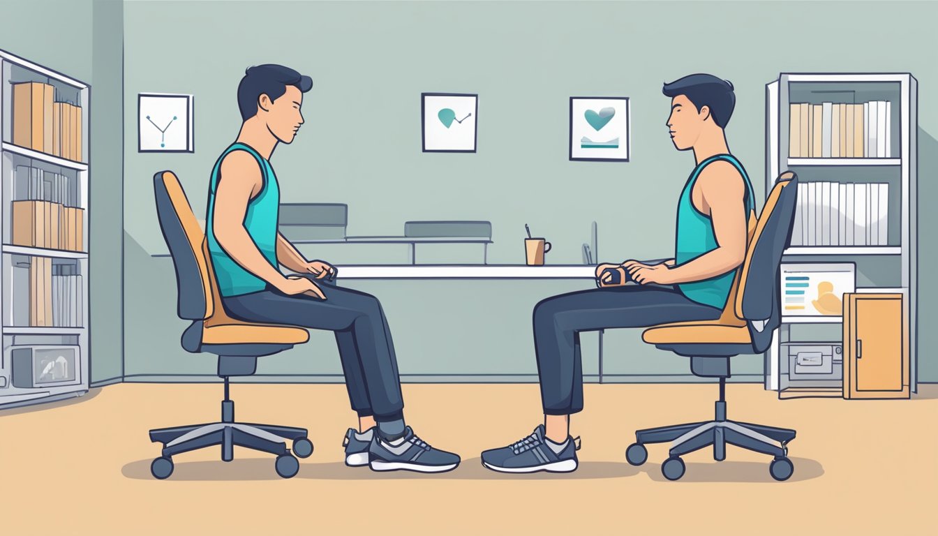 A person standing and sitting, with a heart rate monitor displaying different readings