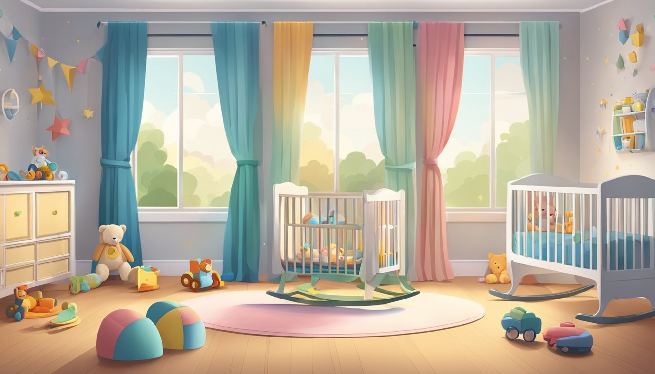 Colorful nursery room with toys scattered on the floor, a rocking chair by the window, and a crib with a mobile hanging above