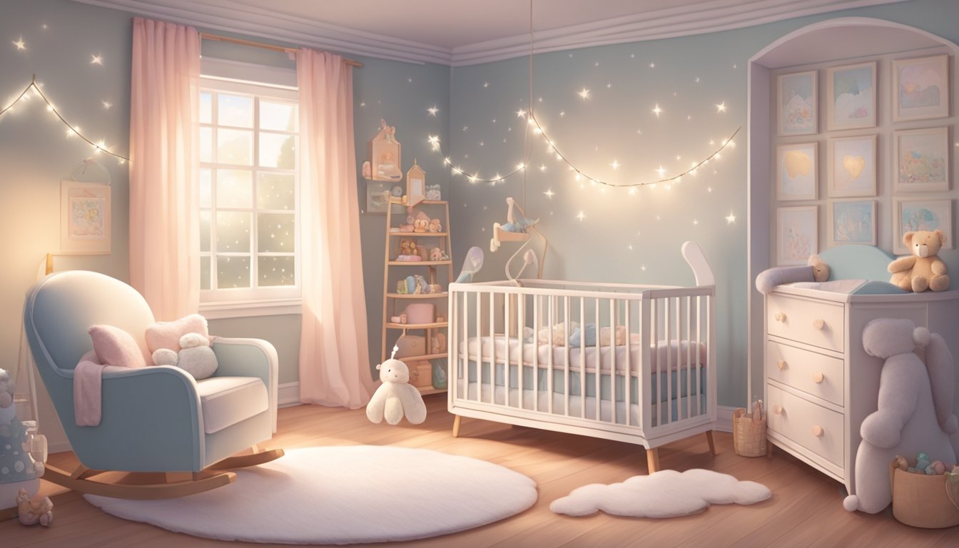 A cozy nursery with soft pastel walls, a fluffy cloud mobile, and a rocking chair by the window. A crib adorned with twinkling fairy lights and a plush rug on the floor