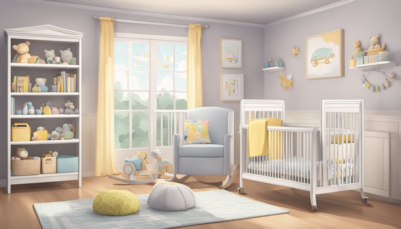 A cozy nursery with soft pastel walls, a rocking chair, and a crib with safety rails. Toys and books neatly organized on shelves, and a soothing mobile hanging above the crib