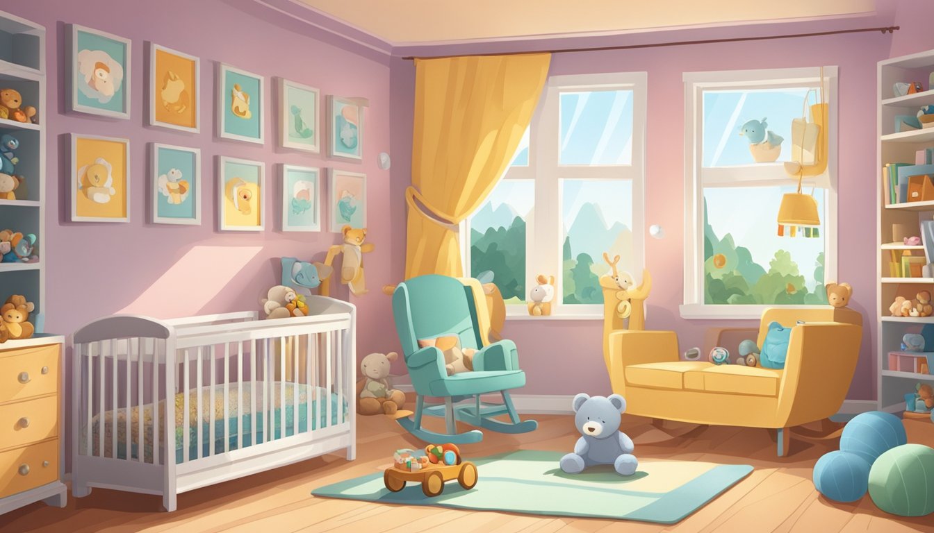 A cozy nursery room with colorful walls and shelves filled with toys and books. A comfortable rocking chair sits in the corner next to a crib adorned with soft blankets and stuffed animals
