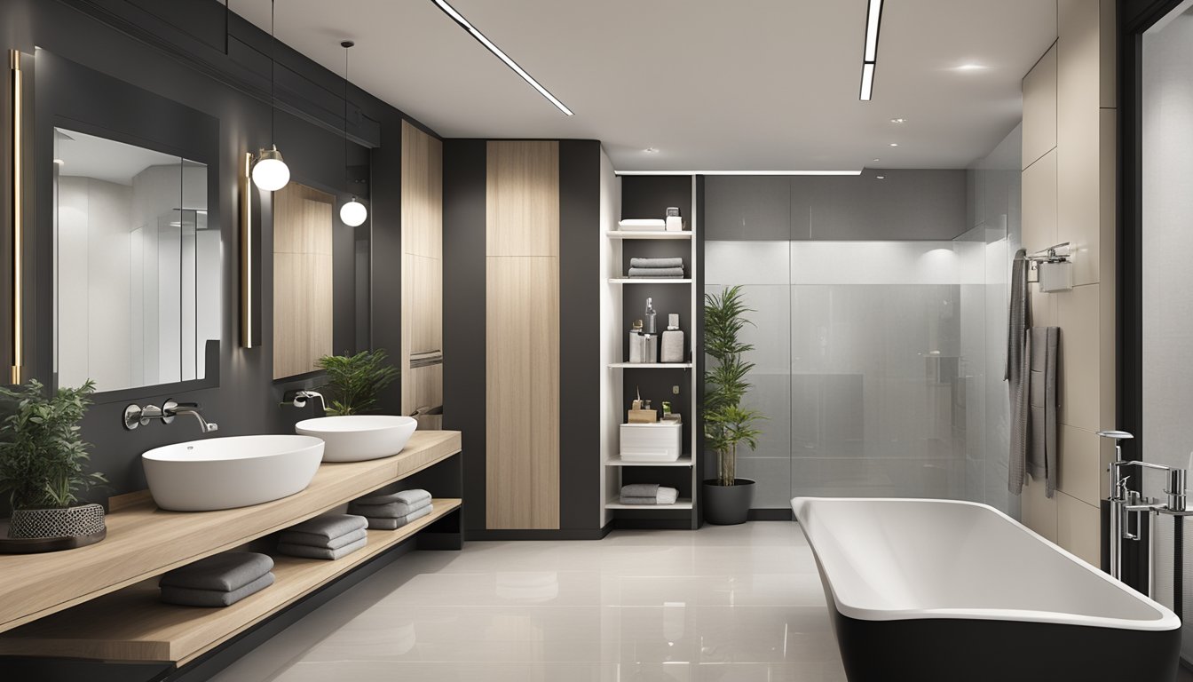 A modern bathroom showroom in Singapore showcases sleek, stylish accessories. Shelves display a range of options, from elegant soap dispensers to minimalist towel racks