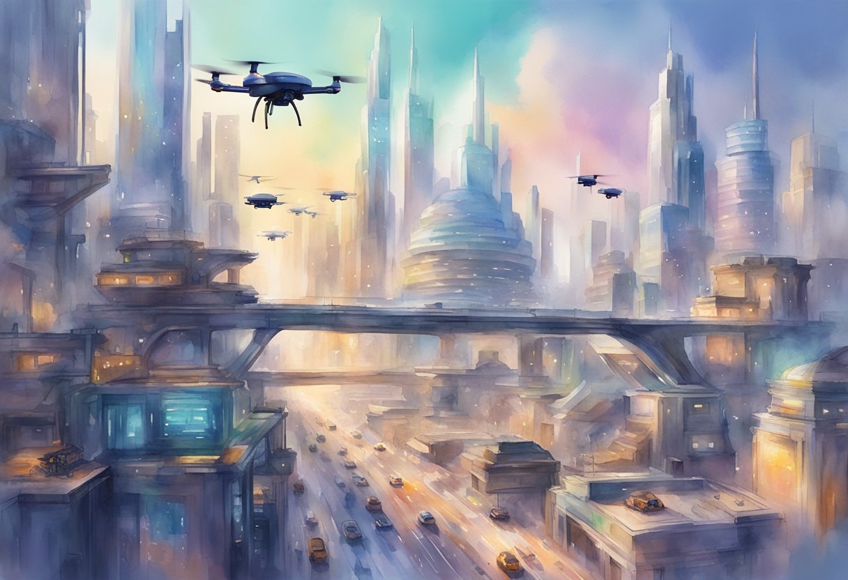 A futuristic city skyline with AI-powered drones and robots creating music and filming scenes