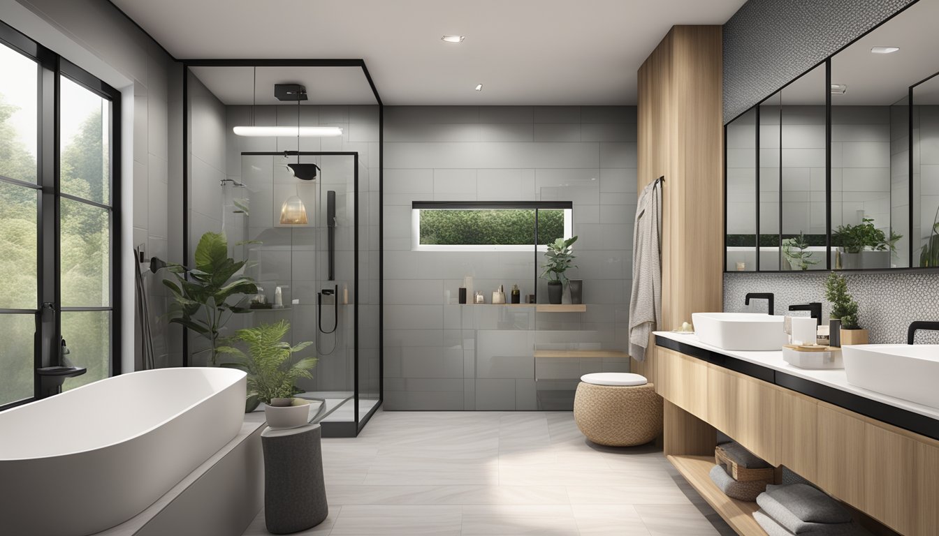 A modern bathroom with sleek accessories displayed in a Singaporean home decor store