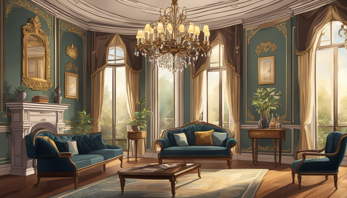 A modern Victorian interior with ornate furniture, rich colors, and intricate wallpaper. A grand chandelier hangs from the ceiling, casting warm light on the elegant room