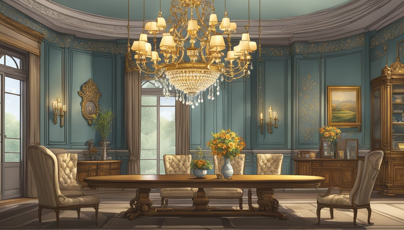 A grand, ornate chandelier hangs from a high ceiling, casting warm light over richly detailed furniture and intricate wallpaper in a modern Victorian interior