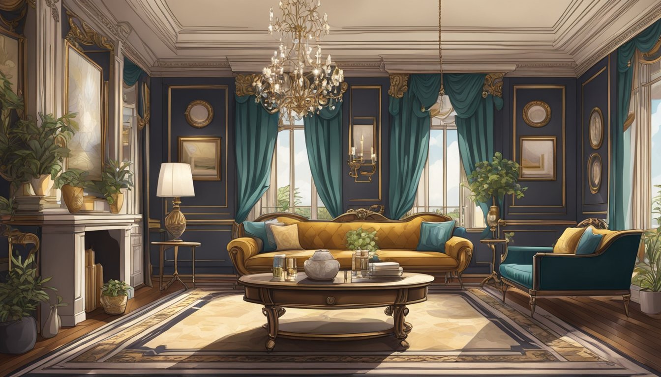 A grand, ornate Victorian interior with modern touches. Rich colors, intricate patterns, and luxurious furnishings create a timeless and elegant atmosphere