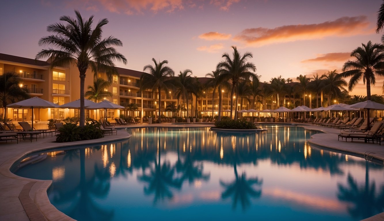 The sun sets over Embassy Suites Deerfield Beach, casting a warm glow on the palm trees and shimmering waters of the pool. The hotel's modern architecture stands tall against the colorful sky