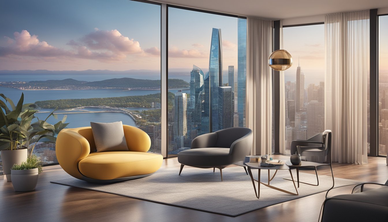 A seahorse-shaped chair sits in a modern living room, surrounded by sleek furniture and a view of the city skyline