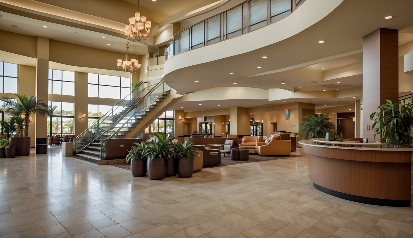 The lobby of Embassy Suites Deerfield Beach features a spacious seating area, a grand staircase, and a modern check-in desk. The open layout allows for natural light to fill the space, creating a welcoming atmosphere